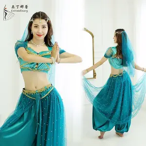 Belly Dance Jasmine Princess Costume Aladdin Halloween Cosplay OutfitTeal for Women/Girls Indian Bollywood Veil Top Pants Set