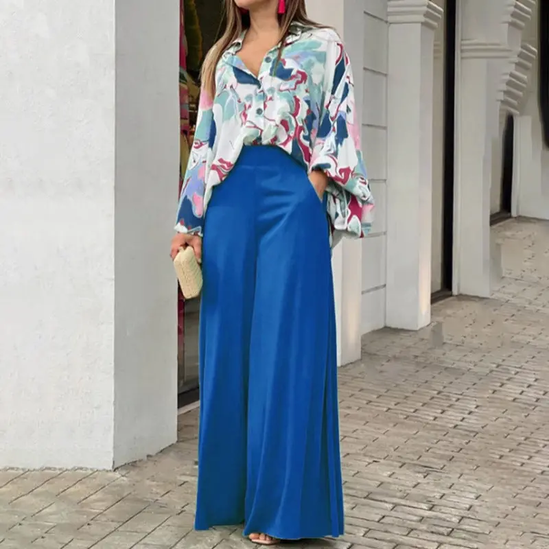Women's Light Polyester 2-Piece Outfit, Oversized Printed Long Sleeve Shirt with Baggy Wide Leg Commute Pants, Clothes