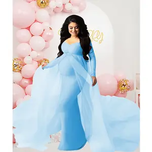 Maternity Elegant Off-Shoulder Maxi Dress V Neck Slim Fit Baby Shower Gown Pregnancy Photography Dress with Tulle Train