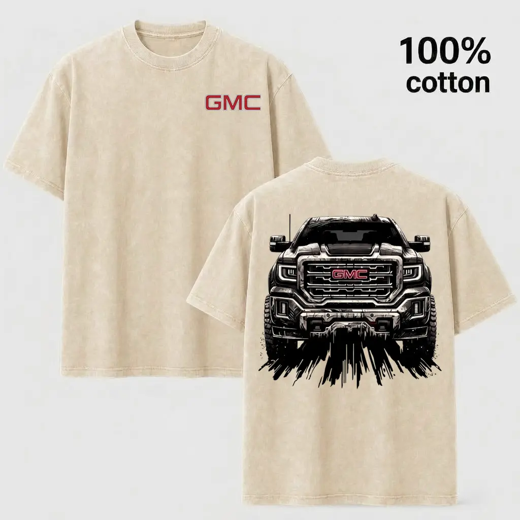 Men's 100% Cotton Heavyweight Vintage Sand GMC Graphic Short-Sleeve Crew Neck T-Shirt - Casual Streetwear Sports Top, Shortsleeve