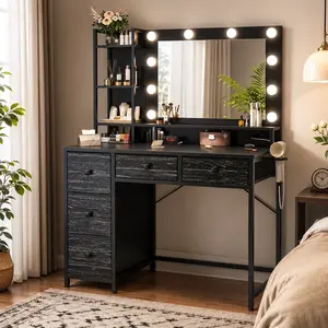 EnHomee Vanity Desk with Mirror and Lights 5 Fabric Drawers Power Outlet 3 Lighting Modes Adjustable Brightness Black Bedroom Dressing Table