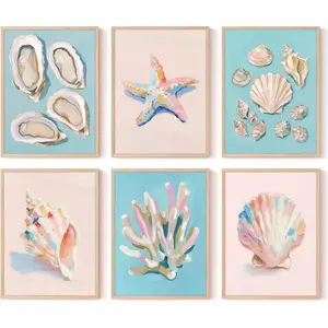 Rwesdemyo 6Pcs Unframed Coastal Wall Art Pastel Beach Room Decor Aesthetic Preppy Seashell Starfish Coral Oyster Canvas Posters for Bathroom Bedroom 12x16 Inch