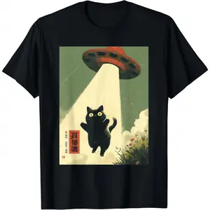 Black Vintage Graphic Streetwear T-Shirt, Menswear Short-Sleeve Casual Top - Japanese Cat, Alien, Cat Dad, UFO Abduction Design