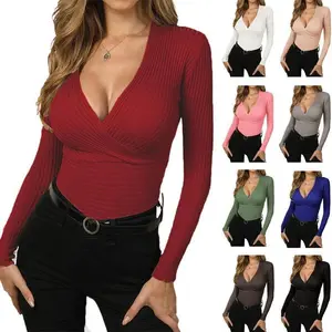 Womens Deep V Neck Sexy Wrap Sweater Long Sleeve Slim-Fitted Knitted Jumper Top