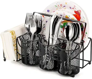 5-Compartment Metal Utensil Caddy, Black Mesh Silverware Organizer, Flatware Storage Holder for Napkins, Plates, Parties, Camping, Picnics, Buffets, RVs, BBQs, Kitchens, and Countertops.