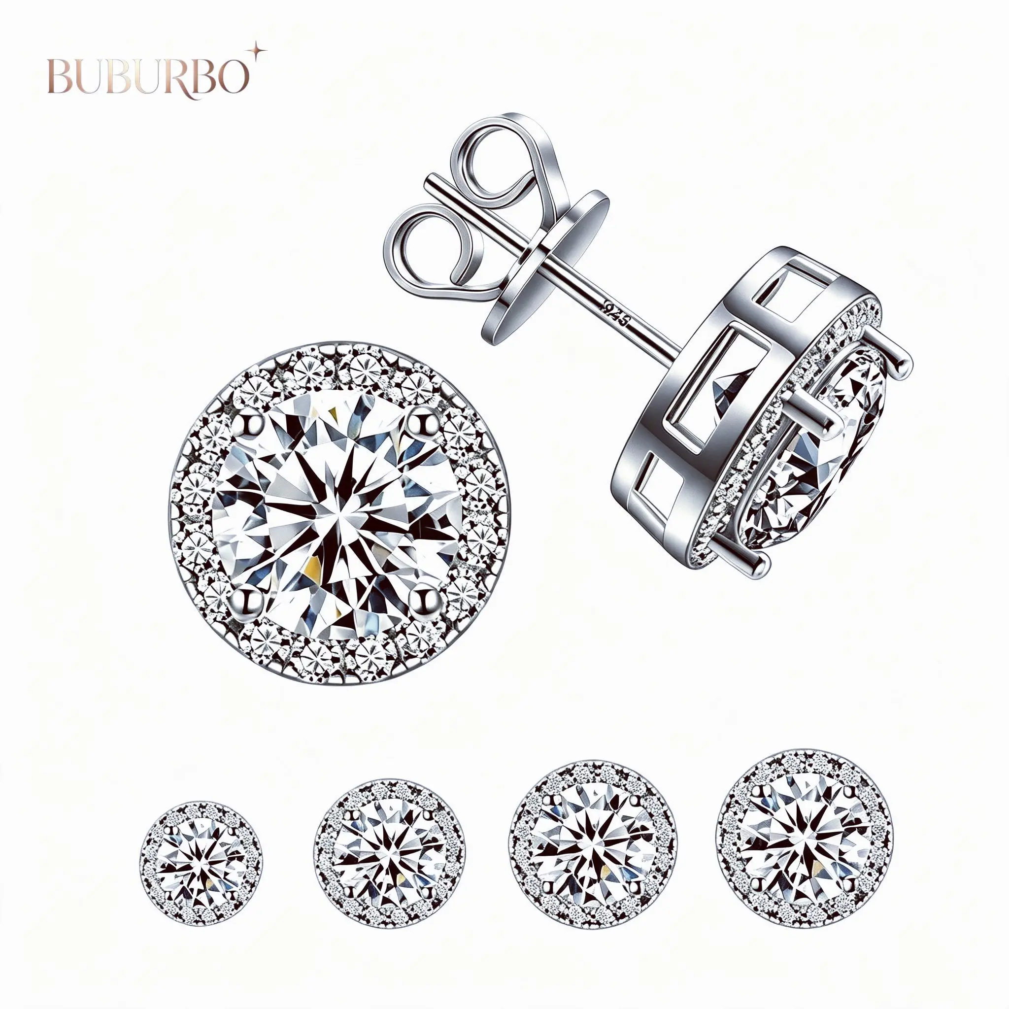 BUBURBO S925 Silver Moissanite-Style Zircon Stud Earrings-Hypoallergenic High Quality Earrings, Unisex Elegant Silver Artificial Gemstone Daily Jewelry with Moissanite Brilliance, Ideal Gift, Silver Artificial Gemstone Earrings