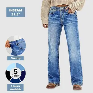 Flamingals Wash Mid Rise Straight Leg Jeans for Women Stretchy Comfort All Seasons Casual Wear Fit Everyday