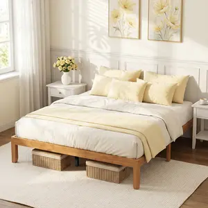[Summervibes] Sibeds Minimalist Solid Wood Queen Platform Bed Frame, 12" Wooden Bed Base with Dense Slats, Heavy Duty Support Legs, No Box Spring Needed, Natural Oak