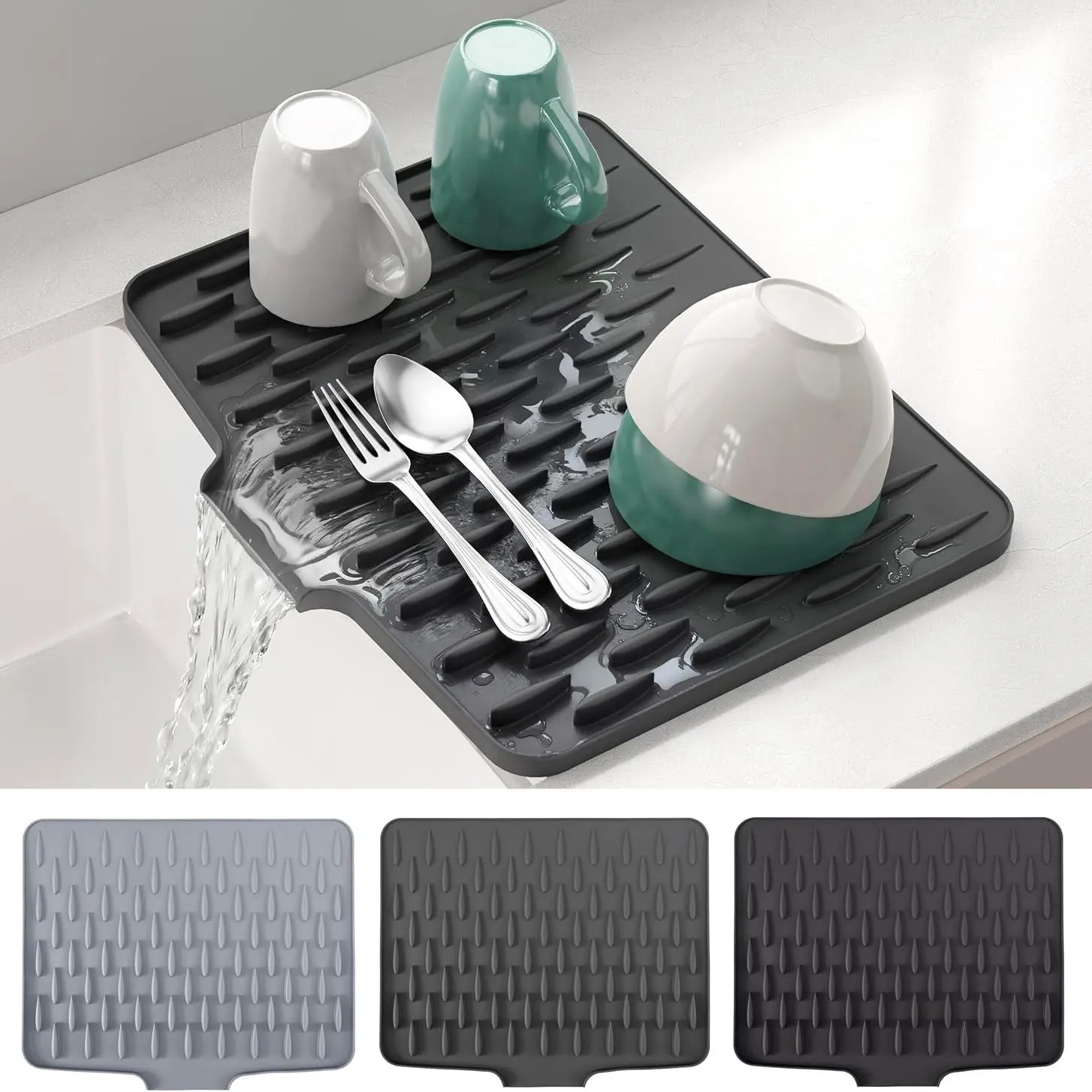 Large Kitchen Sink Dish Drying Organiser Rack, Non-Slip Silicone Drain Board, Heat Resistant Easy Clean, with Utensil Storage, Fits Countertop Sinks, Drainboard Dish Drainers