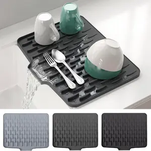 Large Kitchen Sink Dish Drying Organiser Rack, Non-Slip Silicone Drain Board, Heat Resistant Easy Clean, with Utensil Storage, Fits Countertop Sinks