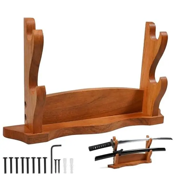 Mythrojan Solid Wood Sword Stand Wall Mount Display Rack for Medieval, Samurai, Katana & Knife Collections Durable, Stylish, Space-Saving Holder - Two Tier Stand