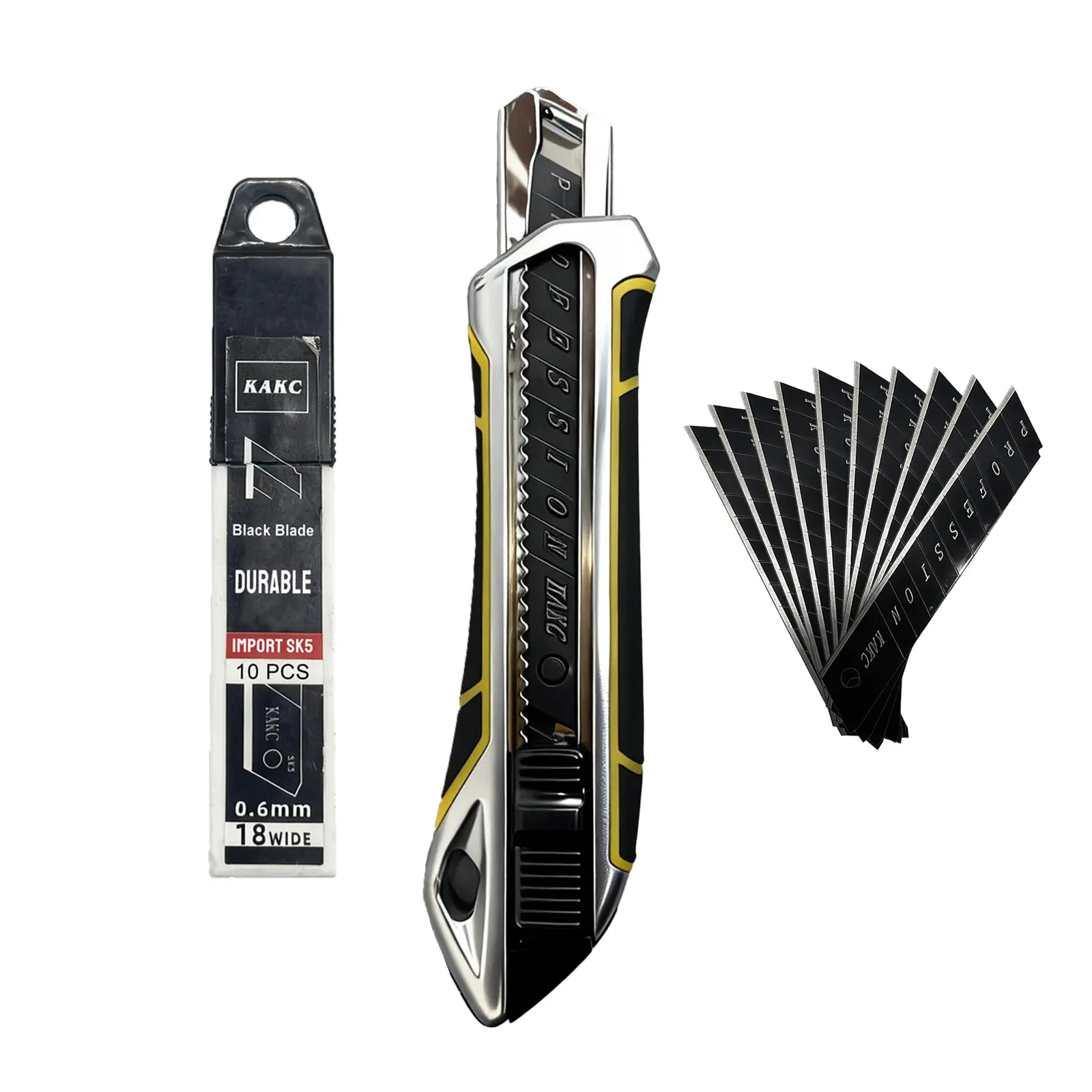 18mm retractable utility knife with zinc alloy blade holder, heavy-duty foldable box cutter, and 10 SK5 blades for cartons, cardboard, and boxes, perfect for office and home use.