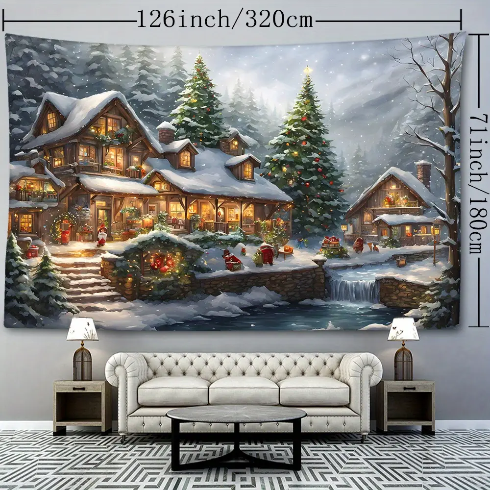 Christmas-Themed Synthetic Graphic Tapestry - Festive Town Corridor Design with Trees, Animals, Natural Patterns, 90g/sqm Plush Lightweight Polyester Weave, Vertical Wall Decor, Family Holiday Home Gift (No Power Required, Indoor/Outdoor Use), Hand Wash