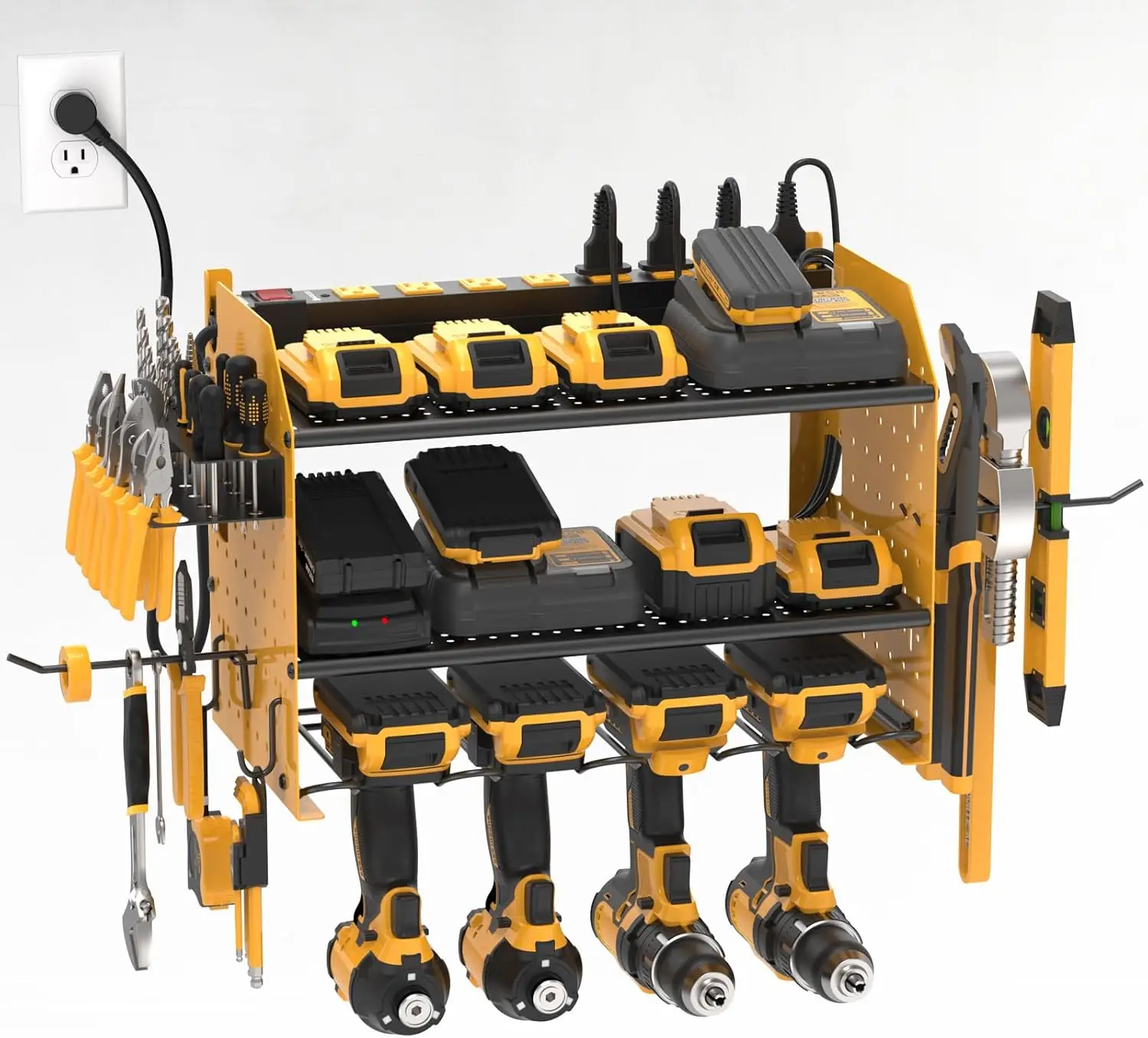 CRST Heavy Duty Power Tool Organizer Wall Mountable with 8 Outlet Surge Protector Power Strip and Drill Holder Metal Tool Rack Set for Garage Storage