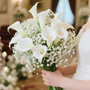 Artificial bouquet of white calla lilies paired with baby's breath, Artificial Mixed Flower, suitable for home decoration, DIY, wedding decoration, hand bouquets, office decoration, floral decoration, living room, outdoor garden, and garden decoration