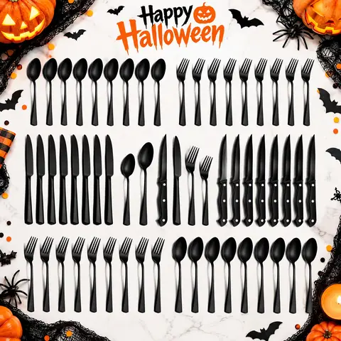 【Halloween Deals】 Stainless Steel Dinner Set - 24/48pcs Mirror-Polish Shine Cutlery (Fits 4/8, 6-10 People), Steak Knives, Forks & Spoons, BPA-Free, Dishwasher-Safe, Festive Modern Home Dining Set, Kitchen Supplies, Wedding Party Gift Option, Oval