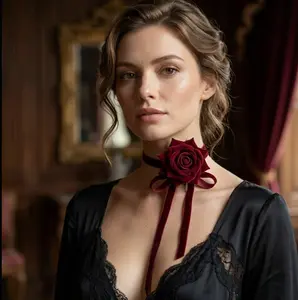 Viral Coquette Jewelry  Deep Red Velvet Flower Choker Necklace for Date Night