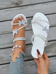 Women's Fashionable Rhinestone Decorated Butterfly Design Slide Sandals, Casual Comfortable Flat Sandals for Beach Vacation, Lightweight Barefoot Shoes for Women, Summer, Butterfly Decorated Slides