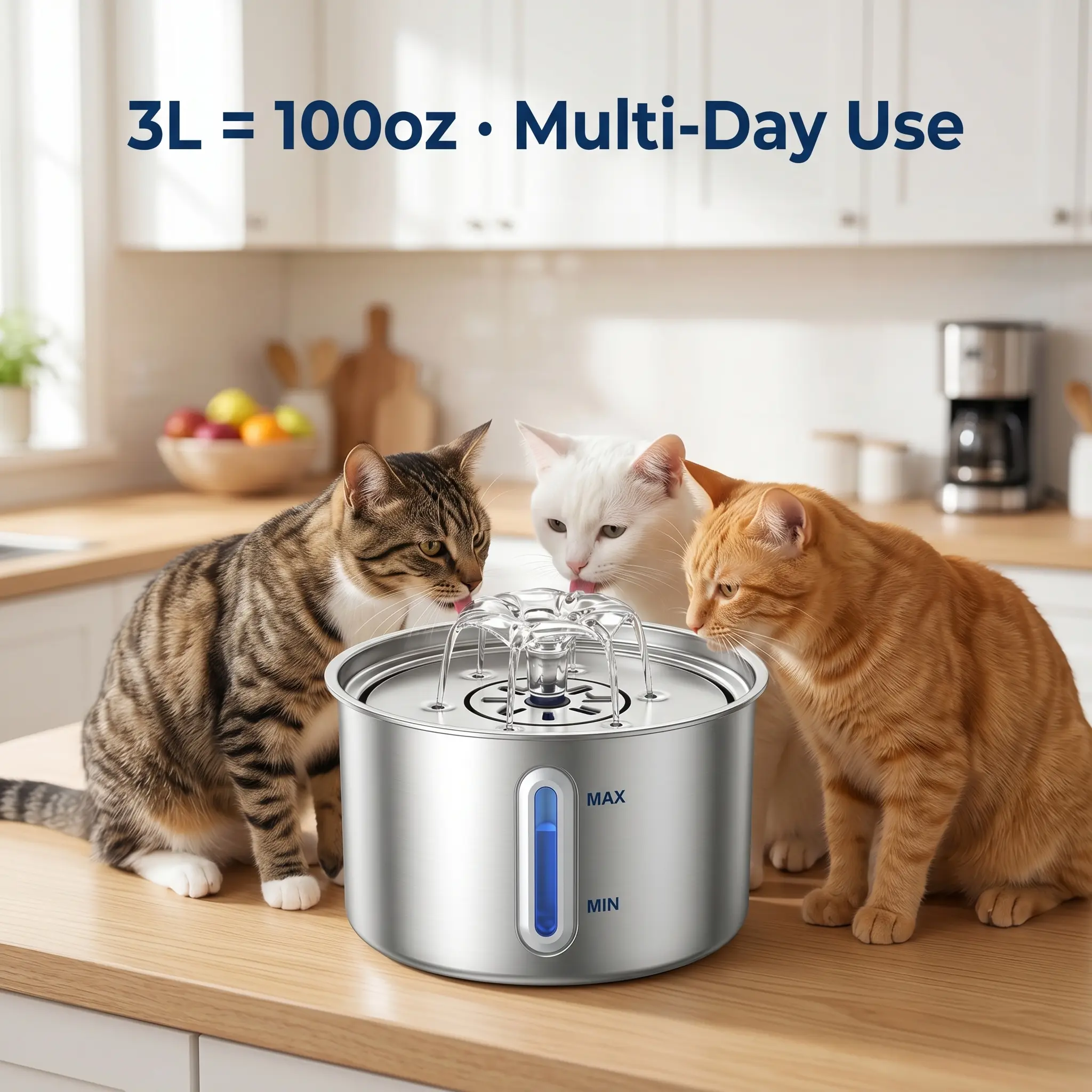304 Stainless Steel Automatic Animal Water Bowl - 101oz/3L Large Capacity, Flower Nozzle, Easy-to-Clean Quiet Pump, Running Water Fountain Automatic Feeder for Dogs & Cats, Automatic Water Feeder