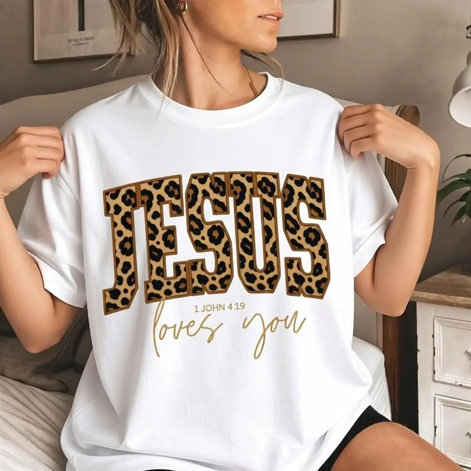 Christian Jesus Bible Verse T shirt Cheetah Print Faith Apparel Trendy Religious Gift Jesus Loves You The Way The Truth The Life Casual Graphic Tee