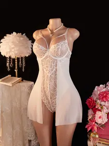 Women's Lace Sexy Fitted One-Piece Pajamas, Sheer Mesh Cover Skirt, Cute Homewear, Erotic Sleepwear, Lingerie, Underwear, Womenswear, Garment, Plant, All Seasons