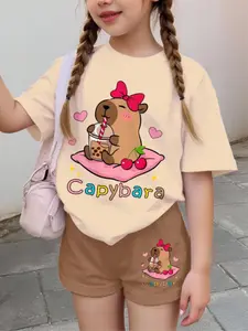Teen Girls Casual Cartoon Print Short Sleeve T-Shirt and Shorts Set, Summer Waterhog Girl Clothing, Cute Girl Shirt
