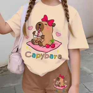 Teen Girls Casual Cartoon Print Short Sleeve T-Shirt and Shorts Set, Summer Waterhog Girl Clothing, Cute Girl Shirt