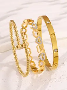 3-Piece Fashion Heart Stainless Steel Bangle Set, Sparkling Zirconia, Elegant Non-Fading Women's Jewelry Gift, Stackable Bracelets, Heart Design Bracelet