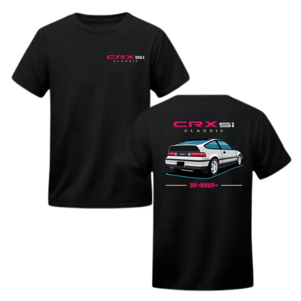 Men's Casual JDM CRX Si Graphic T-Shirt, 100% Cotton Short Sleeve Vintage Streetwear with 2-Sided Fade-Resistant Print, Tshirt