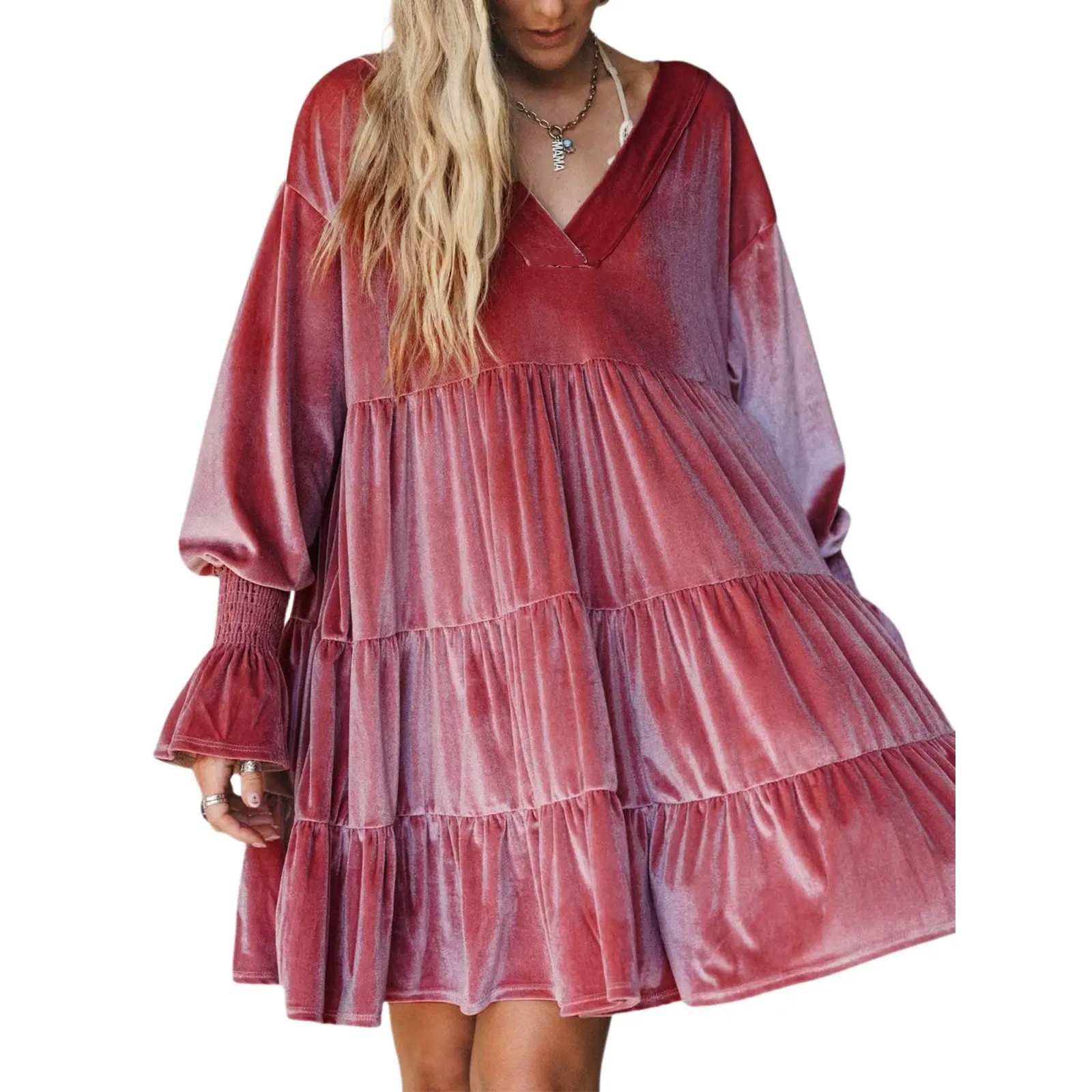 Fisoew Women's Elegant Velvet Oversized Babydoll Mini Dress - V-Neck, Long-Sleeves, Bubble Sleeves with Smocked Flare Cuffs, Loose Tiered Swing, Silky Ruffle, Elastic, Comfortable Everyday Evening Hip Wear