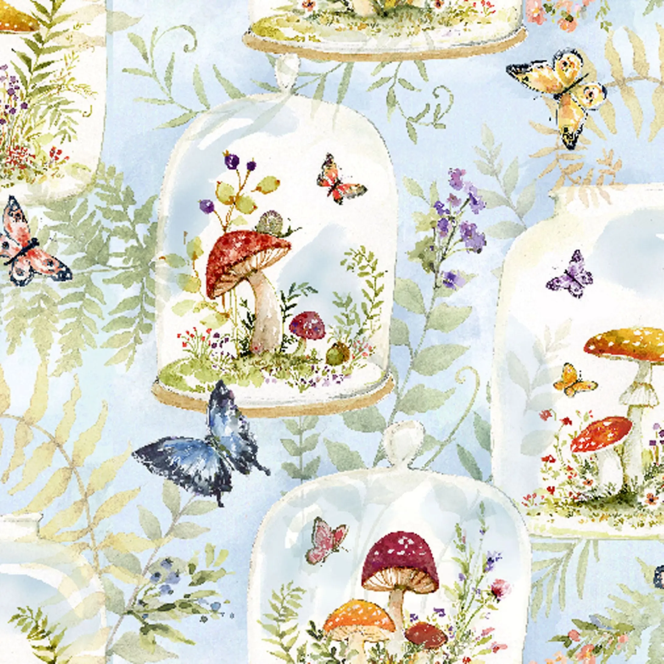 Intriguing Mushrooms | Mushroom Jars - Cotton | Butterfly Fabric | By The Yard