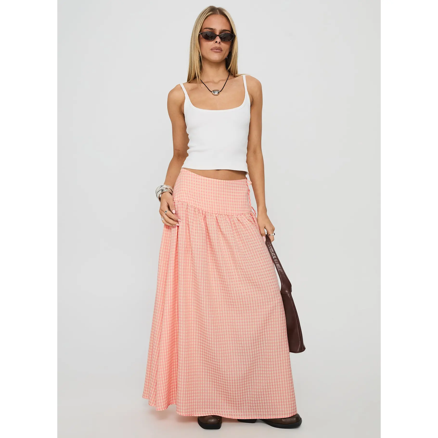 Analeah Tie Side Midi Skirt Orange Check