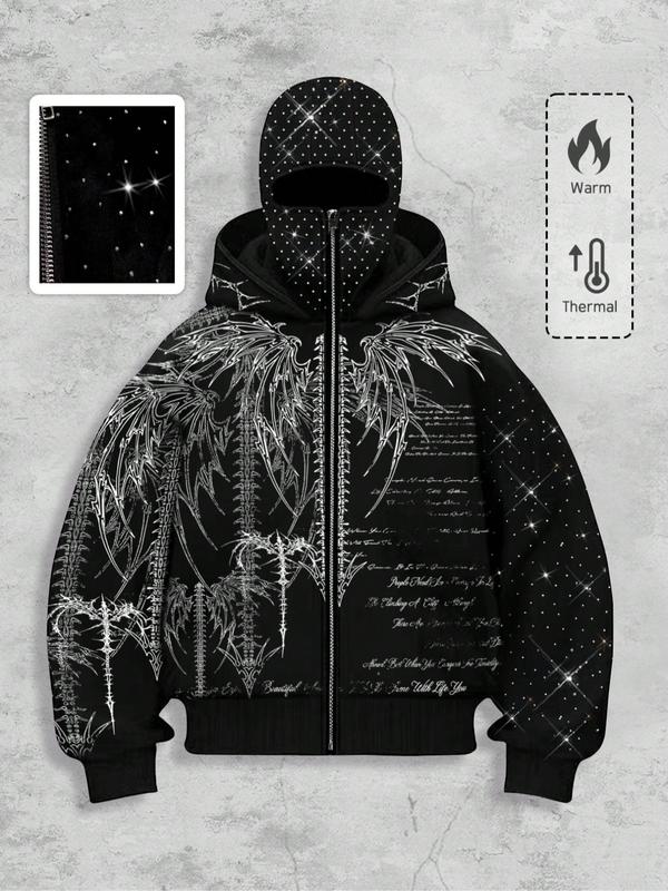 Men's Street Style Rhinestone Decor Hoodie With Two Hat, Windproof Jacket with Pockets and Zipper Design, Fall & Winter Wear