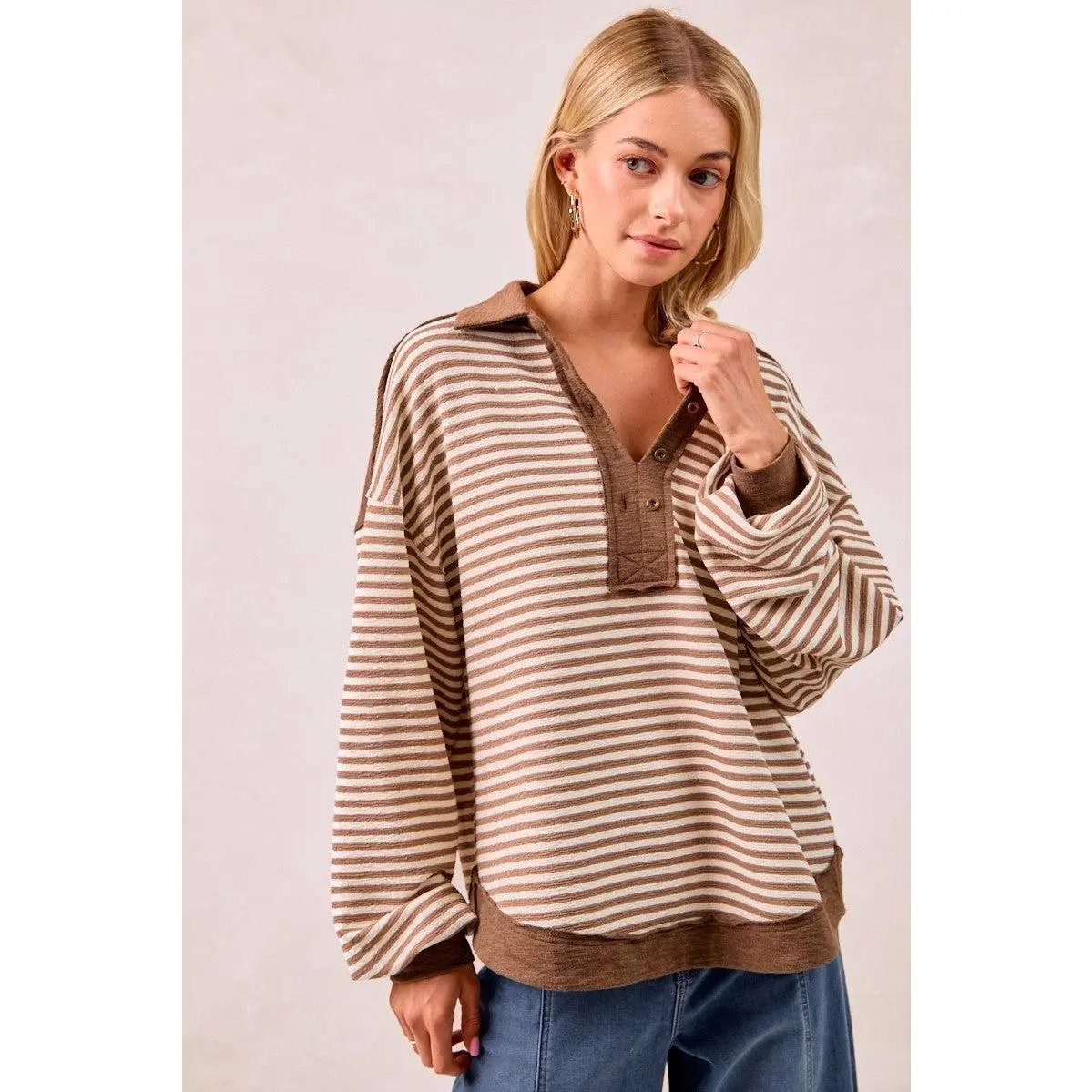 Striped Knit Collard Top