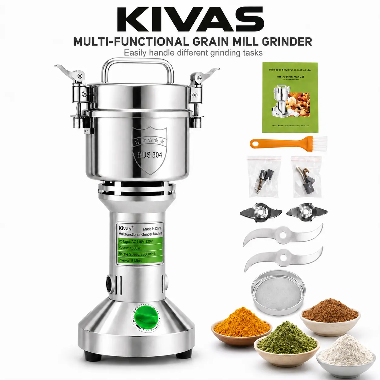 KIVAS 800g/250g Electric Grain Mill Grinder, High-Speed Stainless Steel Pulverizer for Dry Grains, Spices, Coffee Beans, Corn and Pepper