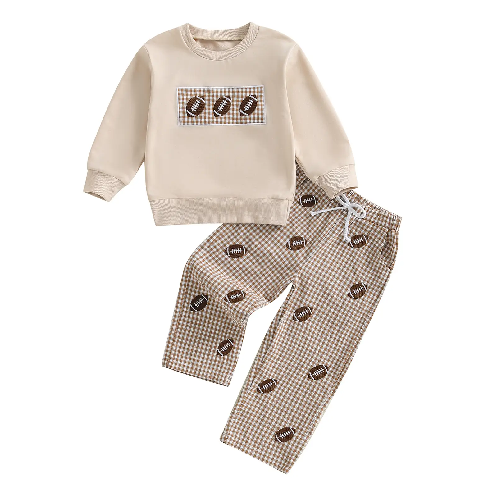 Kids Toddler Boy Football Outfit Long Sleeve Sweatshirt Tops Elastic Waist Checkered Pants 2Pcs Set Fall Winter Clothes