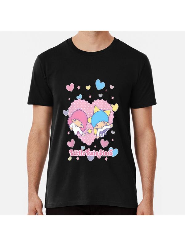 Sanrio for hello kitty for little twin stars Women's T-Shirt - Cute Cartoon Print, Black with Pink& Blue Hearts, Stars, and "for Little Twin Stars" Text, Perfect Gift for Girls, Stylish Short Sleeve f