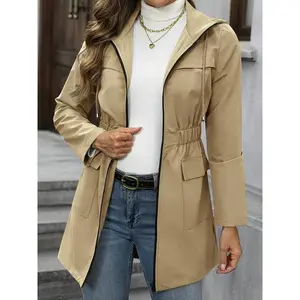 A ladies' khaki fitted hooded drawstring zipper pocket casual coat with a stylish design, suitable for all seasons and versatile for various occasions.