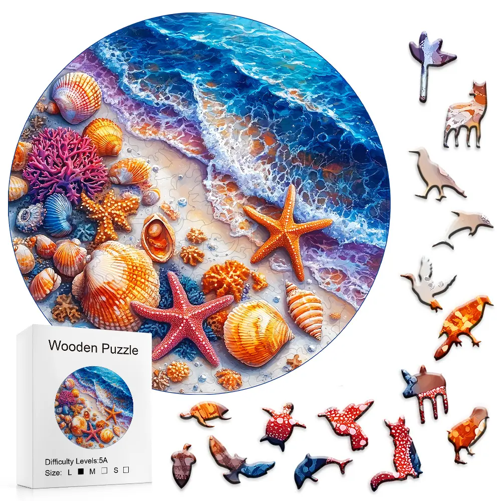 5A Difficulty Round Coastal Shells & Starfish Wooden Jigsaw Puzzle, Unique Design Ocean Beach Puzzle Wooden Jigsaws for Kids, Adults, Jigsawpuzzle