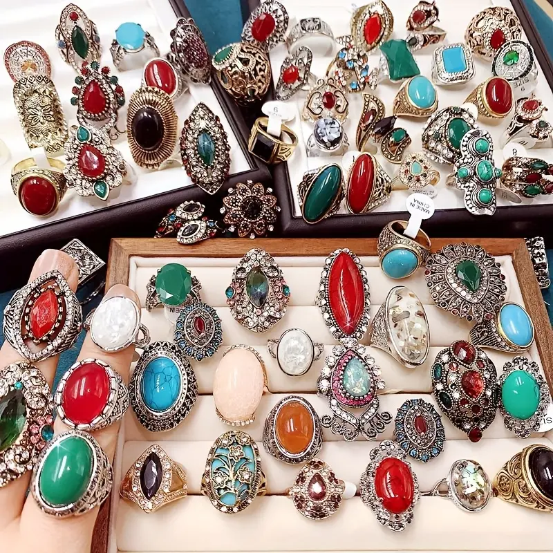 Women's 20-Pcs Exquisite Synthetic Gem Ring Gift-Set Variety - Wholesale Retro Copper Base Jewelry, Assorted Multi-Color Mix with Tiger Eye, Turquoise, Agate, Opal Shimmer Flower Designs, Party-Ready Mix for Daily & Party Use