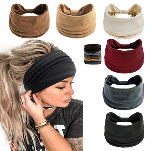 Wide Cotton Headbands for Women Fashion Non-Slip Elastic Hair Bands Knoted Turban Sport Sweat Headband for Yoga Running Gym