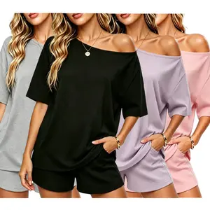 Women's Casual Two Piece Lounge Set OffShoulder Top &Pockets loose shorts, 2026-Summer T-Shirt, Casual &Breathable for Everyday Wear