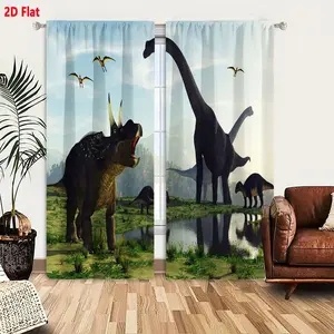 2D Flat  Prehistoric Dinosaur Curtain 2-Piece Set, Vivid Grassy Landscape with Triceratops, Sauropods & Pterosaurs, Lush Prehistoric World Scene Window Drapes for Bedroom Living Room Decor