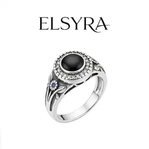 Elsyra S925 Sterling Silver Fashion Ring with Black Synthetic Cubic Zircon, Suitable for Daily Wear and Gifts, Perfect for Valentine's Day and Cocktail Parties Goth Rhinestone Decor Ring