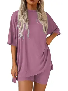 Women's 2-Piece Set Short Sleeve Shorts Casual Home Wear, Loose Fit Comfortable Sleepwear, Solid Color Pullover Pajamas, Outdoor Yoga