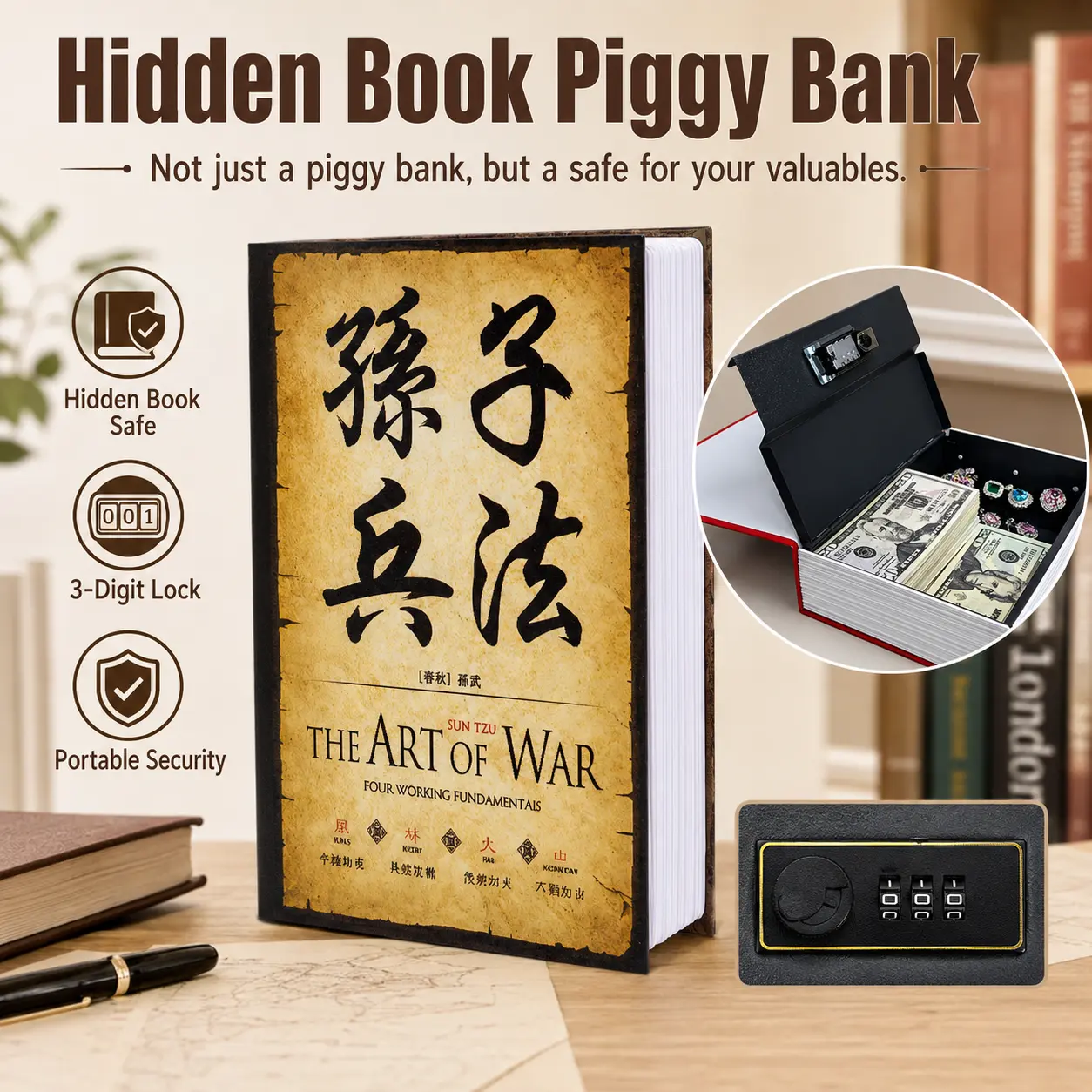 Hidden Book Safe with Combination Lock, Dictionary Secret Storage Box for Cash, Jewelry, Valuables, Home Office Decor & Travel