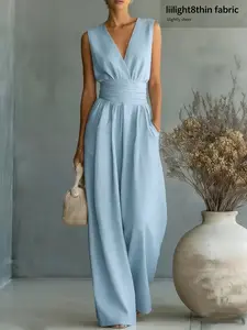 Elegant Women's Deep V Neck Sleeveless Wide Leg Romper with Pockets, Solid High Waist Long Pants, Stylish and Comfortable