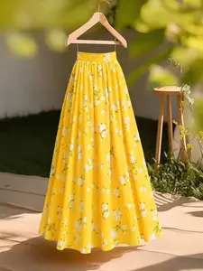 Summer yellow floral print mid-waist long midi skirt, women fashion matching A-line skirt, casual daily wear suitable for any occasion