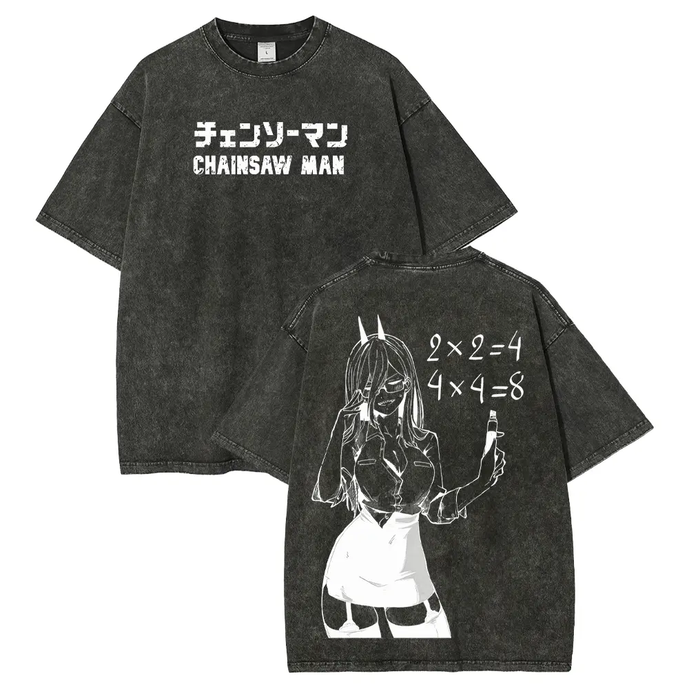 Power Chainsaw Man Anime Double Printed Vintage Washed Tee, Unisex Oversize Anime Manga Washed Heavyweight Cotton T-shirt, Gift For Anime Fan Lover
