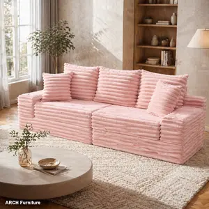 Oversized Boneless 4-Seat Corduroy Couch Bed - Breathable Upholstery, Cup Holder, Side Pockets, 3 Pillows, 2 Lumbar Pillows, No Assembly, Striped Memory Foam Furniture for Studio Apartment Living Room, Bedroom, Modern Comfy Couch, Upholstered Sofas